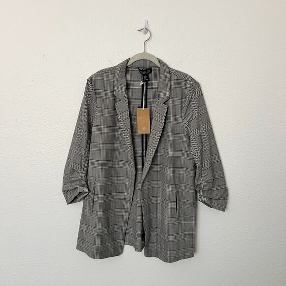 Rachel Zoe Jackets & Blazers - [Rachel Zoe] Taupe Glen Plaid Long Line Open Ruched 3/4 Sleeves Blazer NWT Sz XL